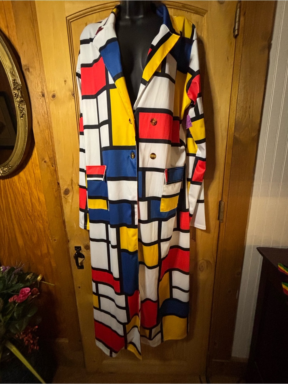 Source Unknown Mondrian-Inspired Maxi Coat Dress in Red, Blue, Yellow & White